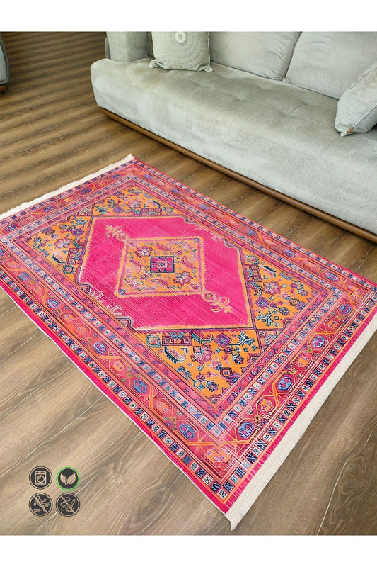 Halı Vagonu 75 Fuşya Tonlarında Klasik Dekoratif Halı Saçaklı Yıkanabilen Halı