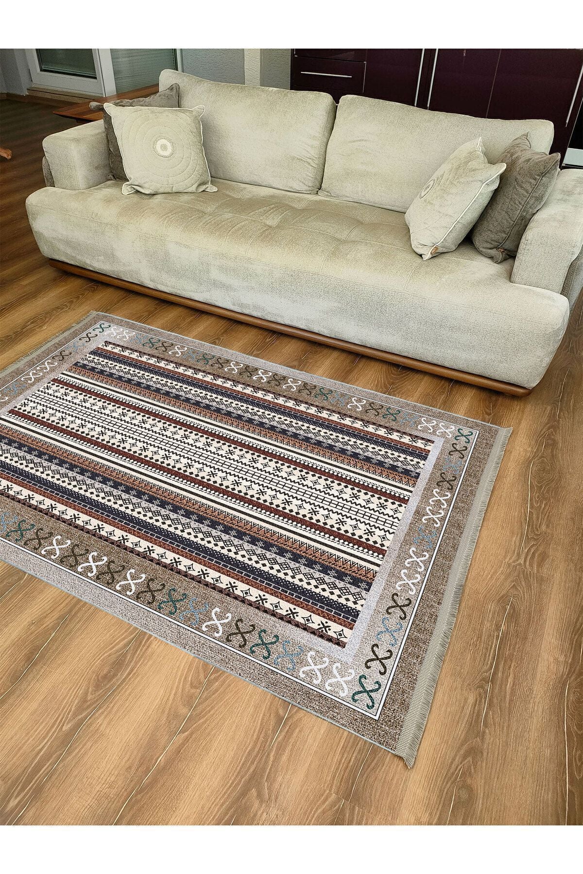 Halı Vagonu 2075 Serisi Kahve Tonlarında Etnik Geometrik Desen Kaymaz Taban Dekoratif Halı