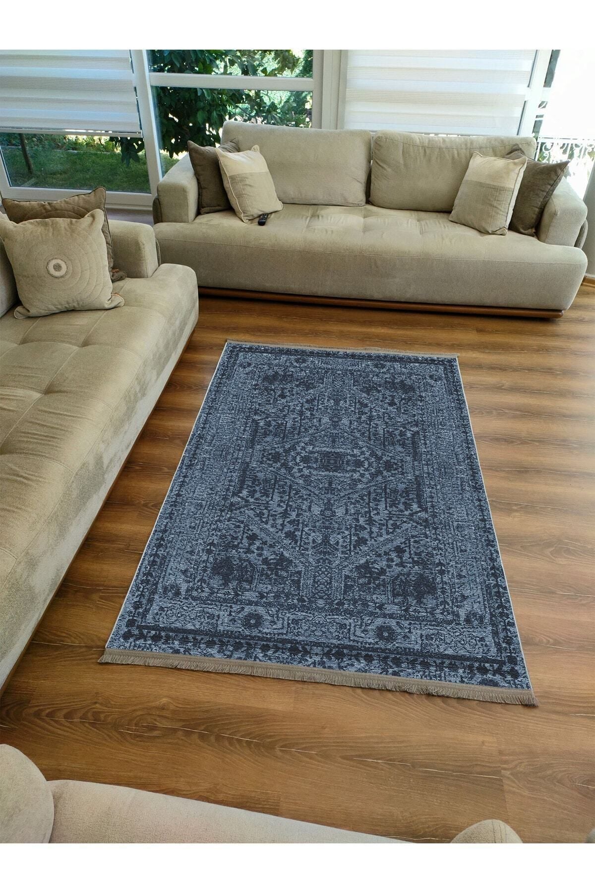 Halı Vagonu Serisi Lacivert Eskitme Antika Desen Kaymaz Taban Şönil Halı