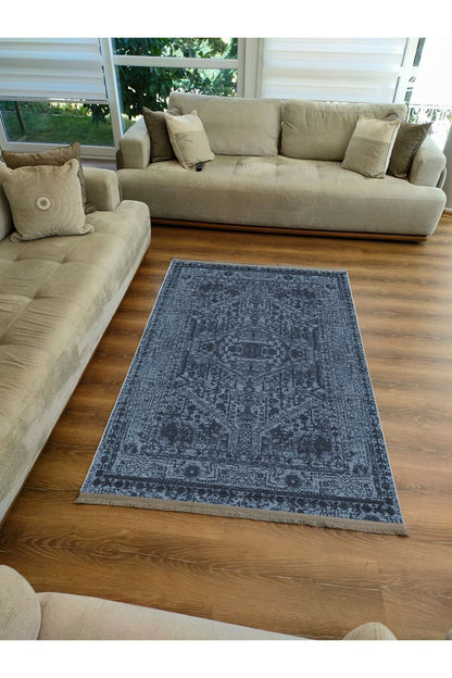 Halı Vagonu Serisi Lacivert Eskitme Antika Desen Kaymaz Taban Şönil Halı