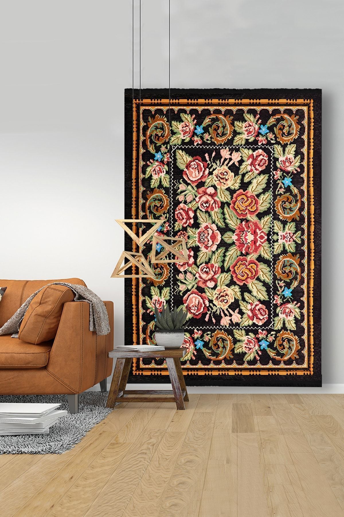 Halı Vagonu 2010 Siyah Ve Sarı Tonlarında Bordürlü Geometrik Desen Kaymaz Taban Dekoratif Halı