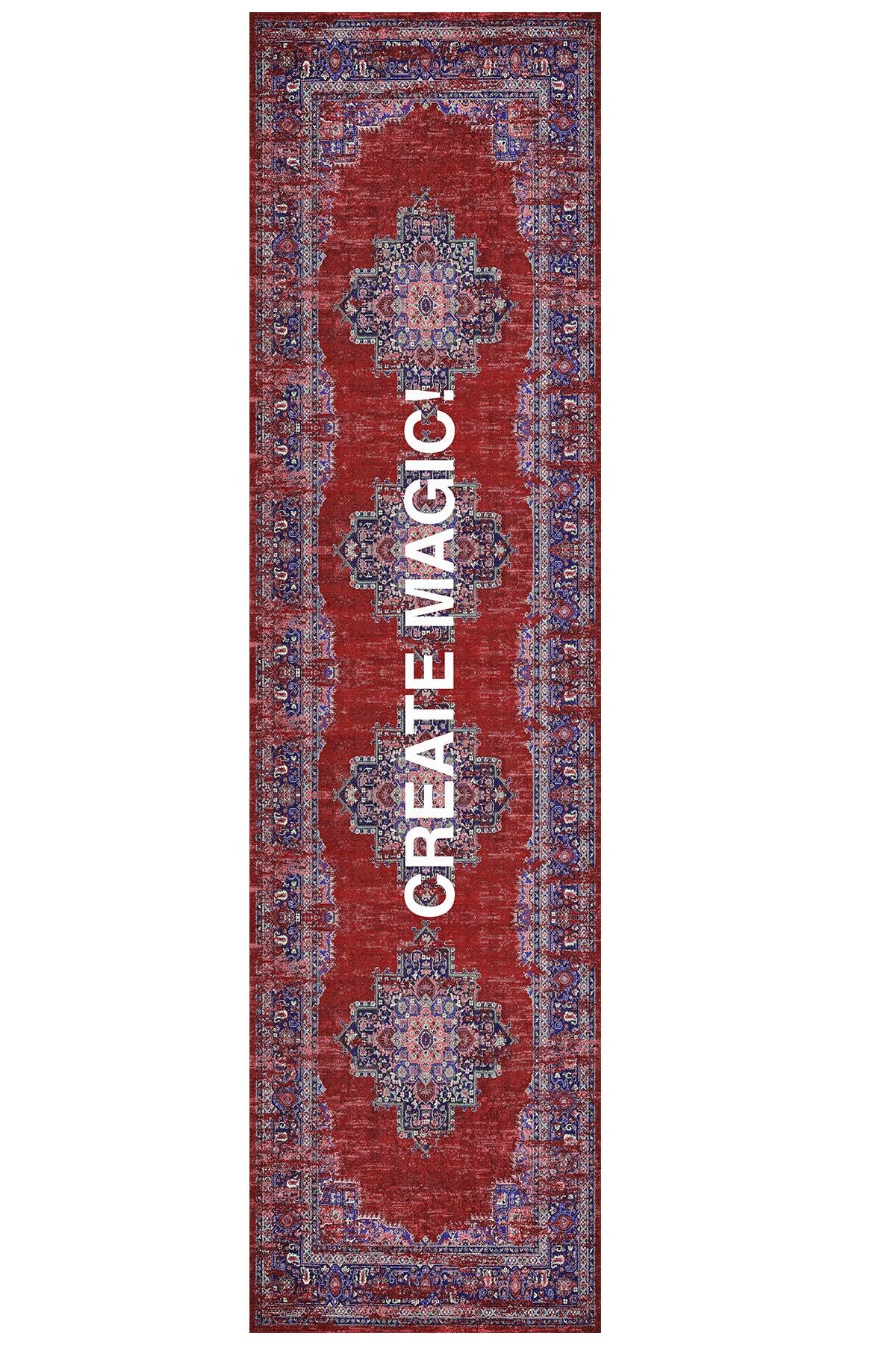 Halı Vagonu 190 Create Magic Yazılı Etnik Vintage Dokuma Taban Halı