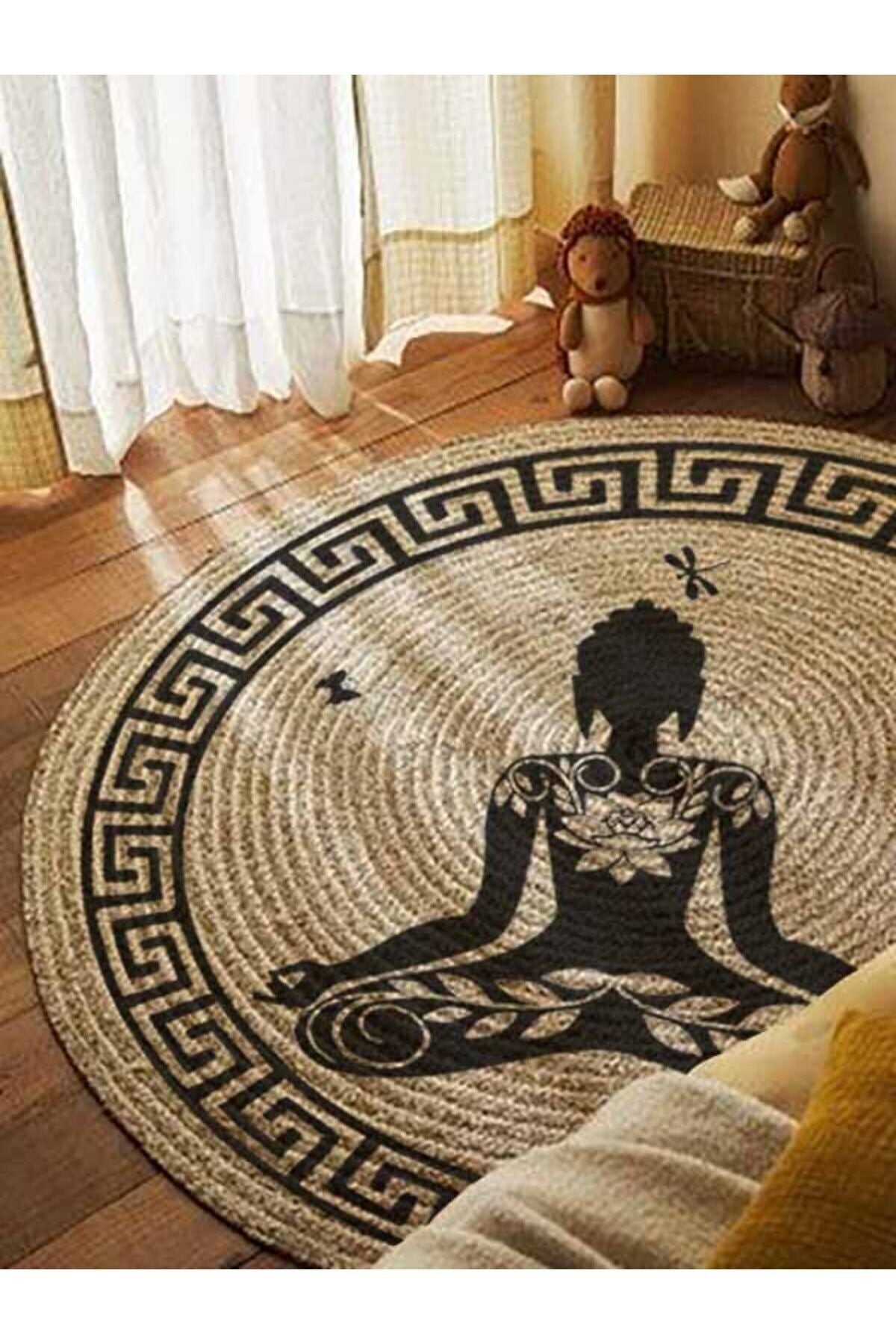 Boho 946 Yogo Yapan Kadın Baskılı Örgü Yuvarlak Natural Çift Taraflı Halı