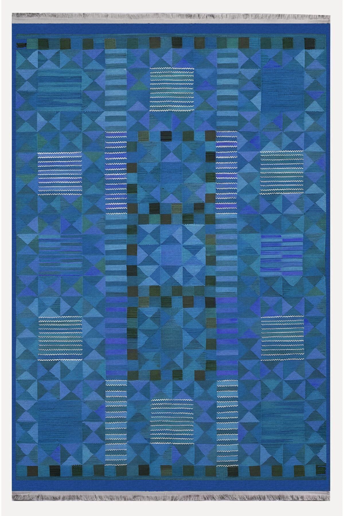 Halı Vagonu121 Etnik Otantik Mavi Tonlartında Dekoratif Salon Halısı Saçaklı Yıkanabilen Halı