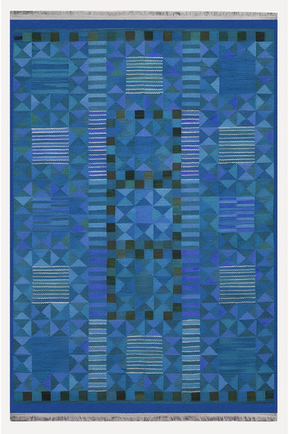 Halı Vagonu121 Etnik Otantik Mavi Tonlartında Dekoratif Salon Halısı Saçaklı Yıkanabilen Halı