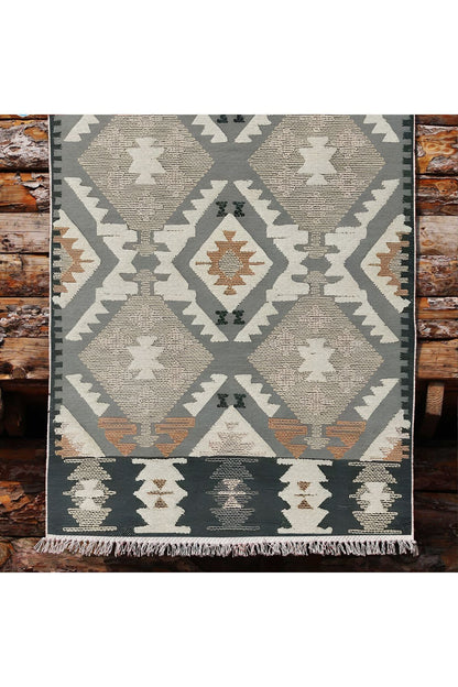 Cotton Kilim 16 Gri Zeminli Çizgili Desenli Dekoratif Yıkanabilen Dokuma Taban Kilim
