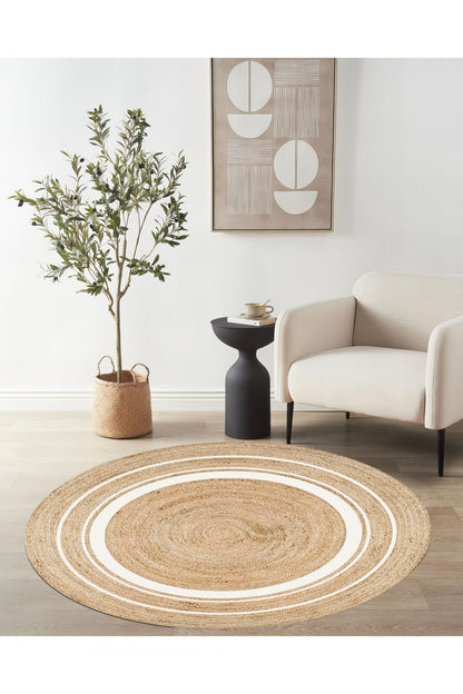 Boho 991 Natural Jüt Görünümlü Desen Üzerine Beyaz Halkalar Yuvarlak Natural Çift Taraflı Halı