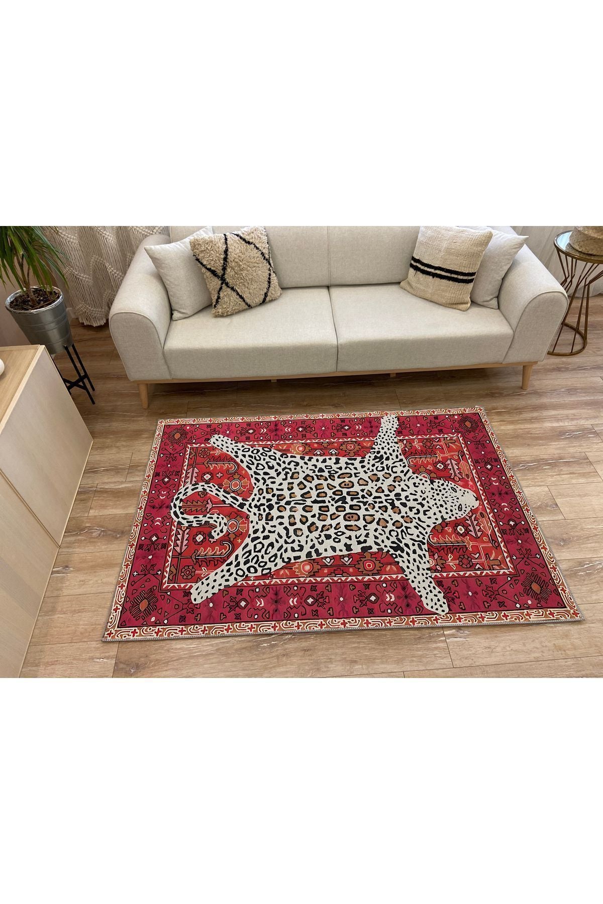 Halı Vagonu 70 Borda Tonlarında Kaplan Figürlü Salon Halısı Saçaklı Yıkanabilen Dekoratif Halı