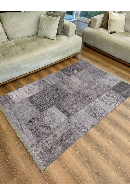 Halı Vagonu 2092 Gri Tonlarında Eskitme Patchwork Desen Kaymaz Taban Dekoratif Halı