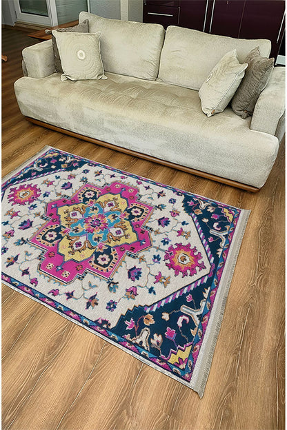 Halı Vagonu 89 Etnik Desenli Yıkanabilir Kaymaz Tabanlı Salon Halısı, Koridor Ve Mutfak Halısı