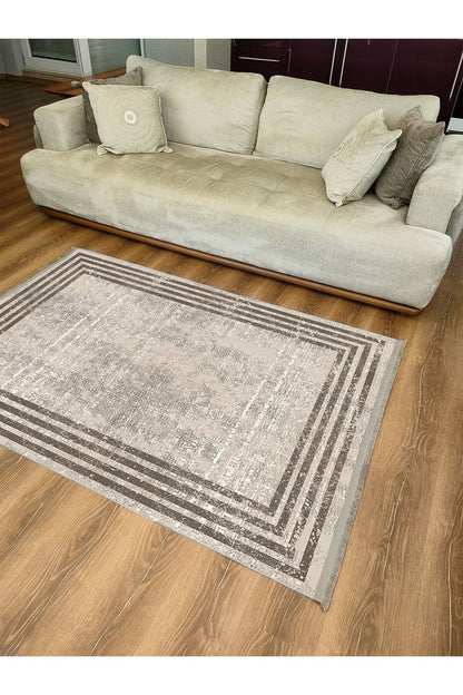 Halı Vagonu Serisi Kahve Tonlarında Çizgili Etnik Desen Kaymaz Taban Şönil Halı