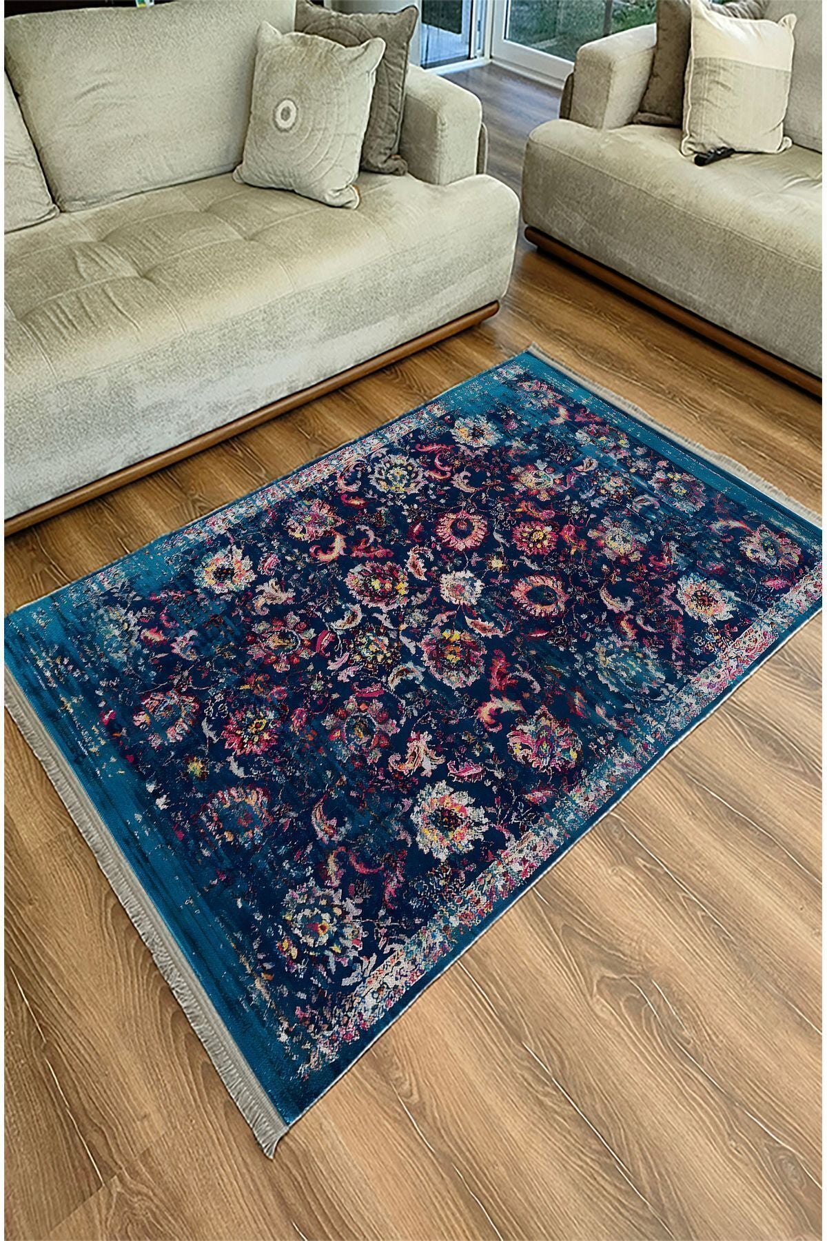 Halı Vagonu Halı 96 Lacivert Tonlarında Klasık Dekoratif Halı Salon Halısı Saçaklı Yıkanabilen Halı