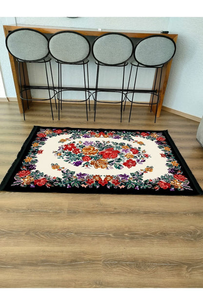 Halı Vagonu Serisi Kahve Tonlarında Çerçeveli Eskitme Geometrik Desen Kaymaz Taban Şönil Halı