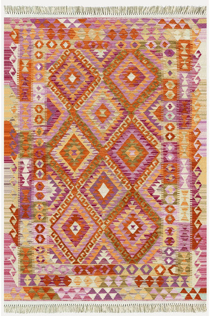Cotton Serisi Pembe Tonunda Baklavalı Geometrik Desen Dekoratif Dokuma Taban Kilim