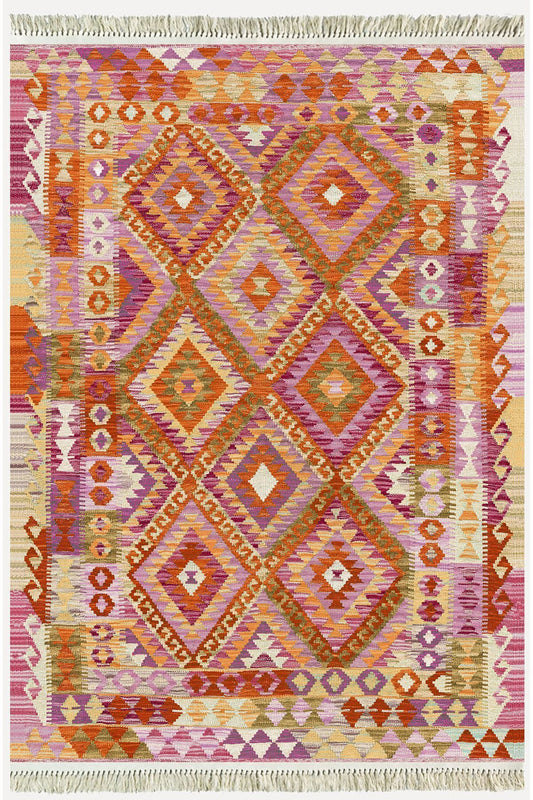 Cotton Serisi Pembe Tonunda Baklavalı Geometrik Desen Dekoratif Dokuma Taban Kilim