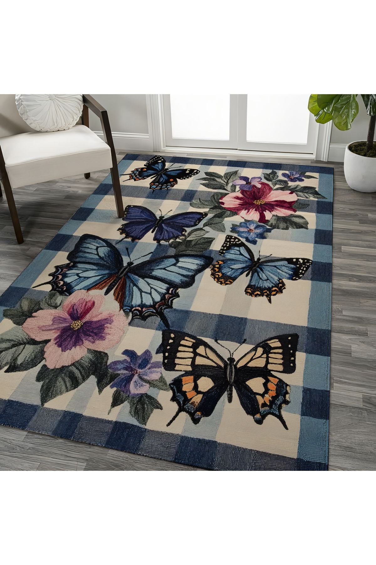 Halı Vagonu 211 Mavi Beyaz Ekose Çiçek Kelebek Figürlü Modern Dokuma Taban Dekoratif Halı