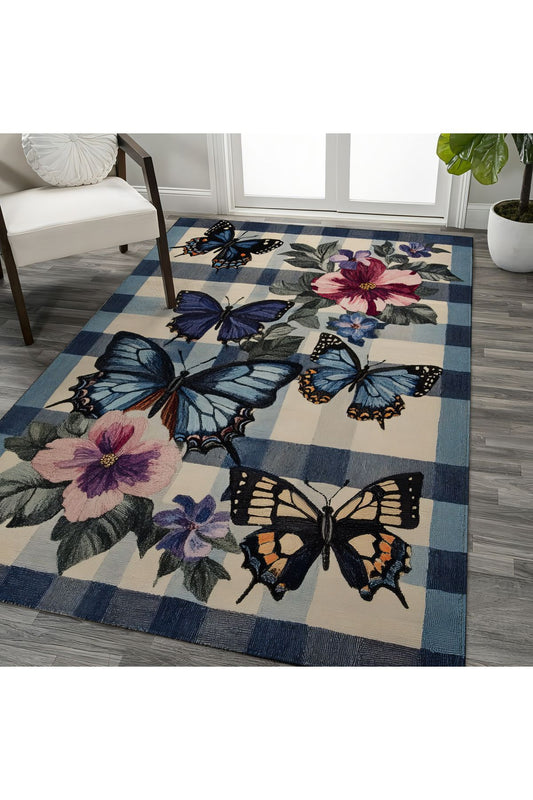 Halı Vagonu 211 Mavi Beyaz Ekose Çiçek Kelebek Figürlü Modern Dokuma Taban Dekoratif Halı