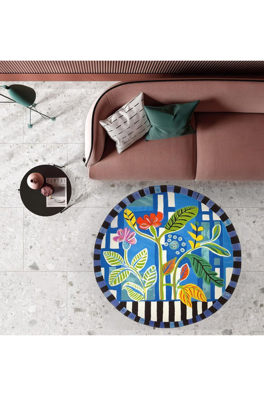 Halı Vagonu 165 Çiçekli Minimalist Stil Modern Pamuk Dokuma Taban Yuvarlak Halı