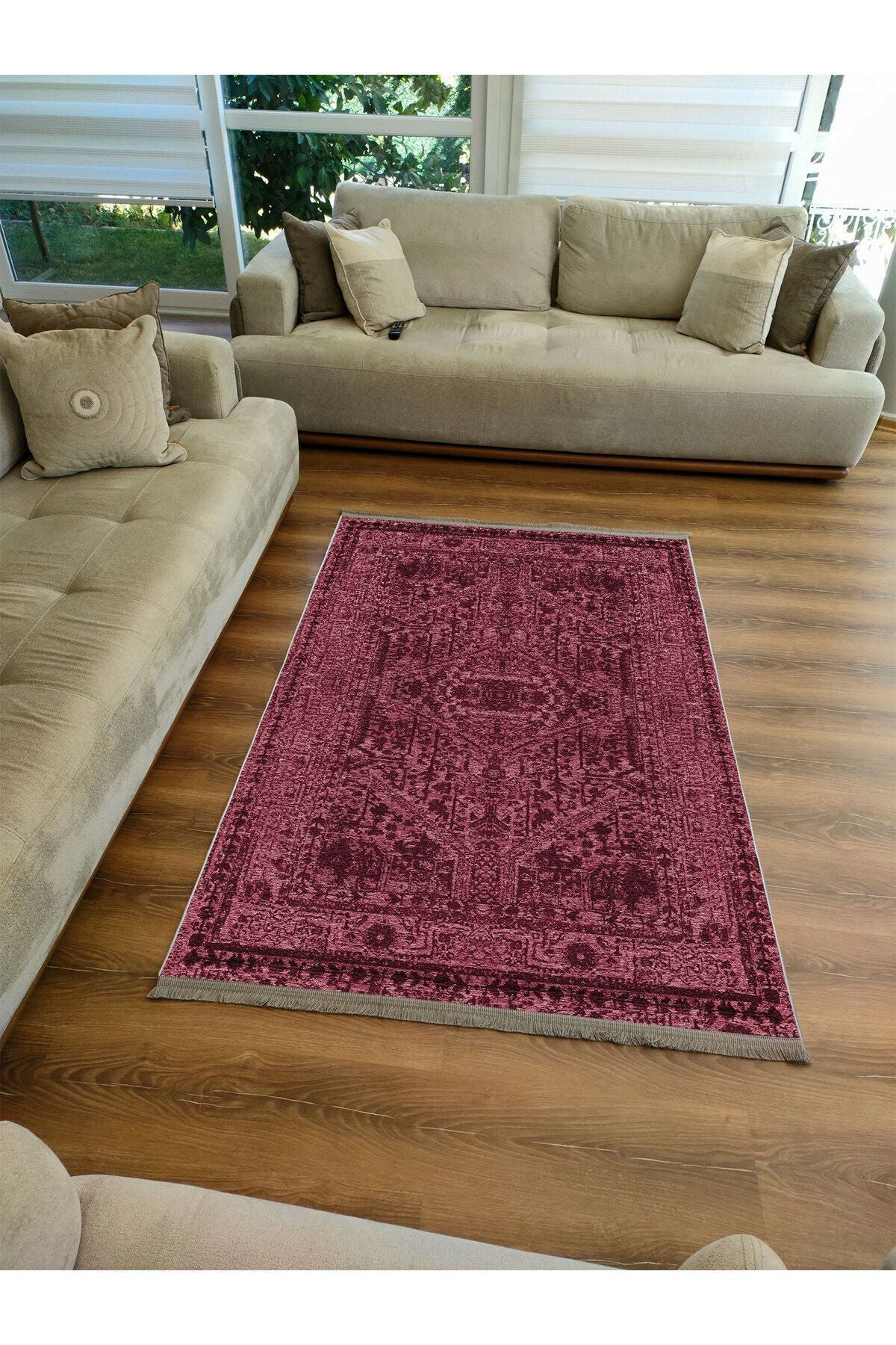 Halı Vagonu Halı 2081 Bordo Tonunda Dekoratif Halı Salon Halısı Saçaklı Yıkanabilen Halı