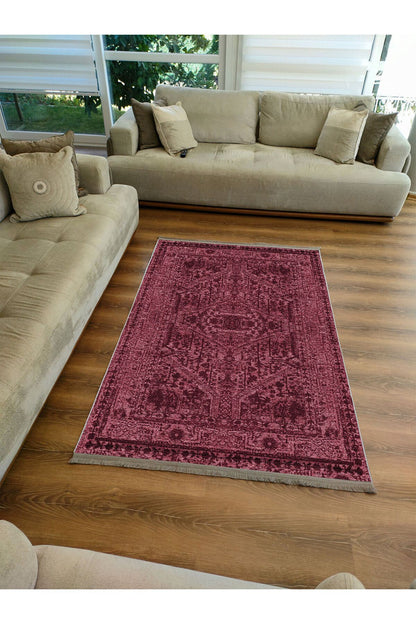 Halı Vagonu Halı 2081 Bordo Tonunda Dekoratif Halı Salon Halısı Saçaklı Yıkanabilen Halı