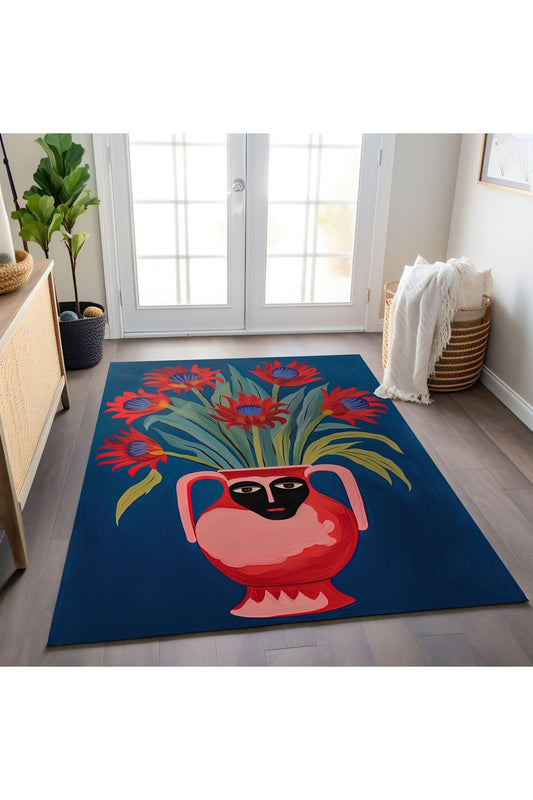 Halı Vagonu 157 Mavi Vazoda Çiçek ve Yüz Figürlü Dokuma Taban Halı