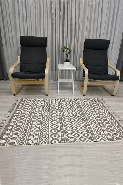 Cotton Serisi Beyaz Ve Gri Tonlarında Eskitme Otantik Etnik Desenli Dekoratif Dokuma Taban Kilim