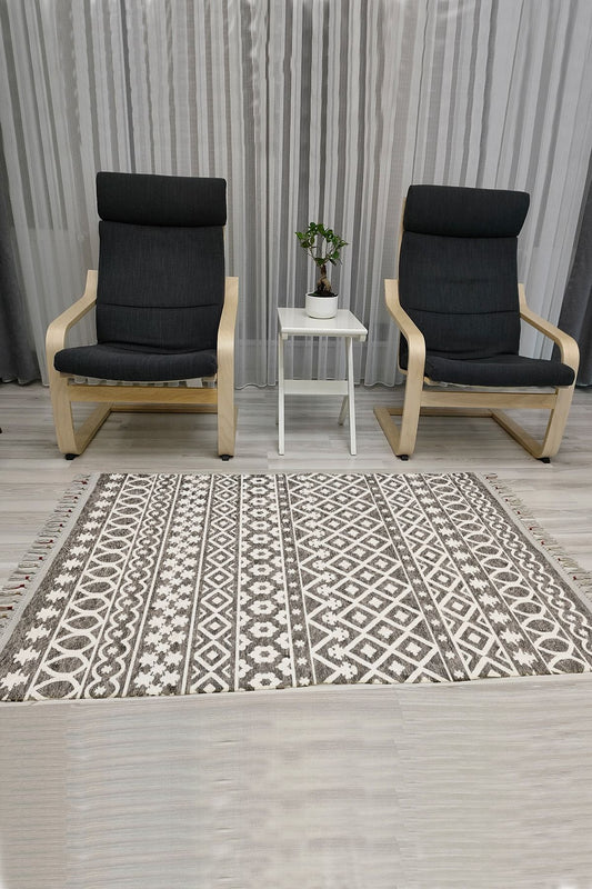 Cotton Serisi Beyaz Ve Gri Tonlarında Eskitme Otantik Etnik Desenli Dekoratif Dokuma Taban Kilim