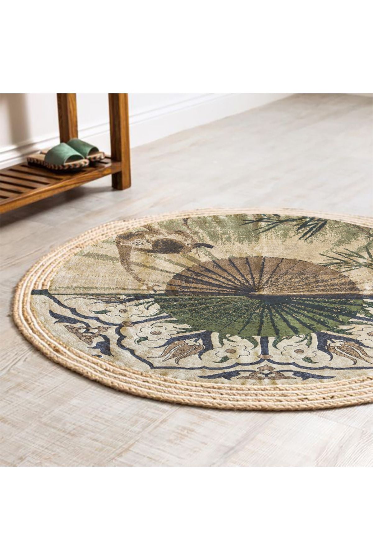 Boho 901 Doğa Ve Botanik Desenli Etnik Örgü Yuvarlak Natural Renk, çift taraflı kullanılabilen Jüt Görünümlü Örgü Halı.