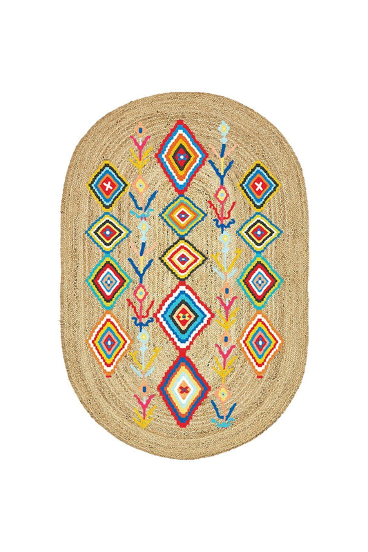 Boho 976 Jüt Hasır Etnik Desenli Oval Jüt Örme Doğal Hasır Natural Oval Halı