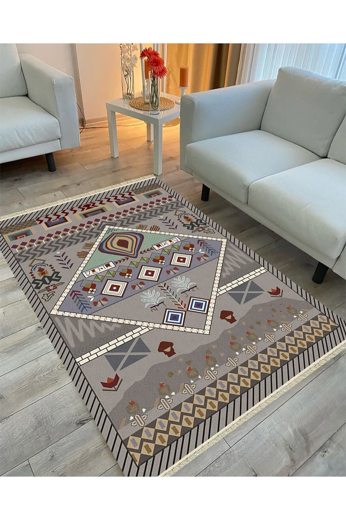 Cotton Serisi Eski Çağ Motifli Eskitme Otantik Desen Dekoratif Dokuma Taban Kilim