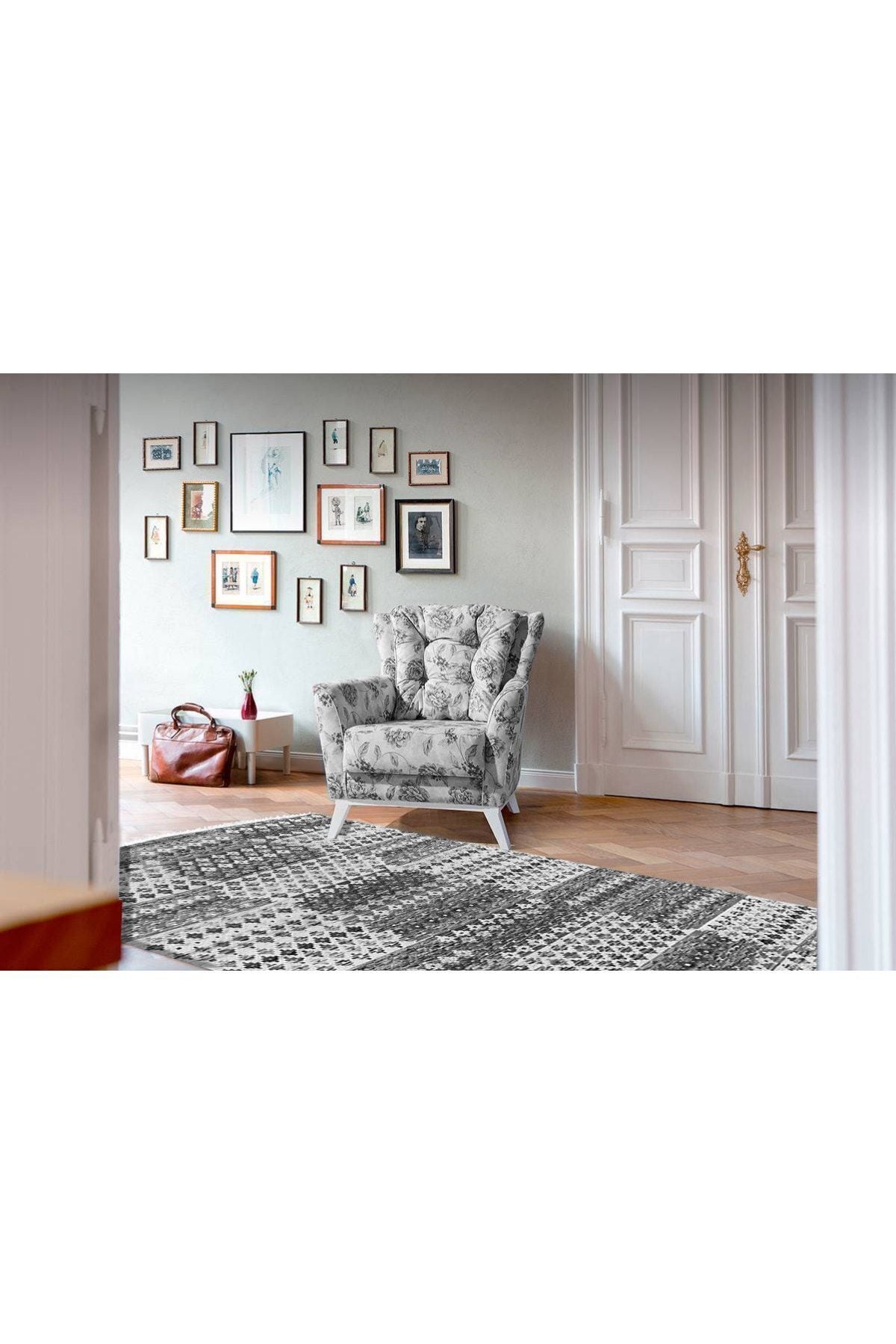 Cotton Serisi Gri Tonlarında Geometrik Eskitme Desen Dekoratif Dokuma Taban Kilim