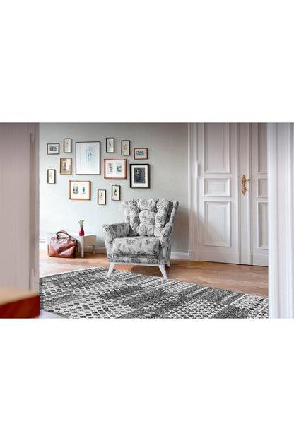 Cotton Serisi Gri Tonlarında Geometrik Eskitme Desen Dekoratif Dokuma Taban Kilim