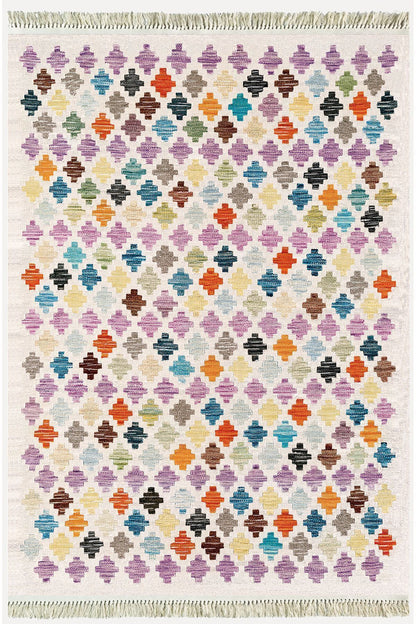 Cotton Kilim 43 Krem Üzerine Geometrik Modern Dekoratif Yıkanabilen Dokuma Kilim