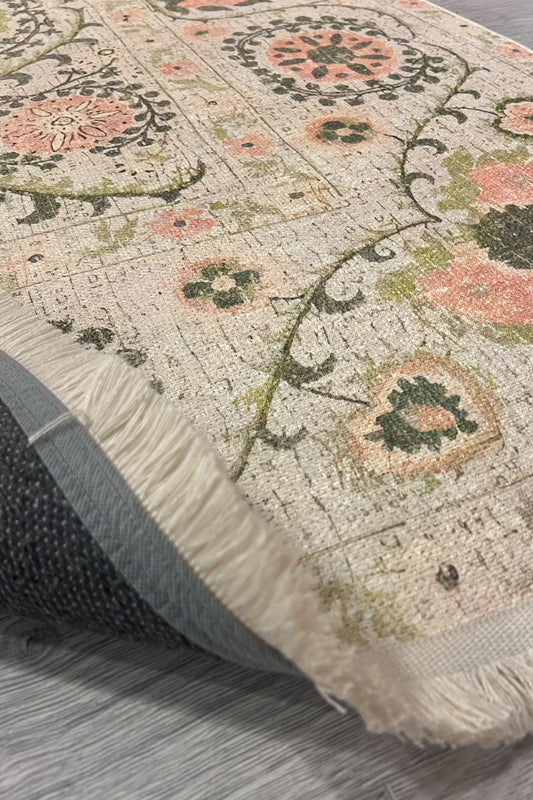 Çiçekli Floral Krem Pudra Pembesi Pop Art Salon Halısı Mutfak Halısı Yolluk Otantik Halı HV 232