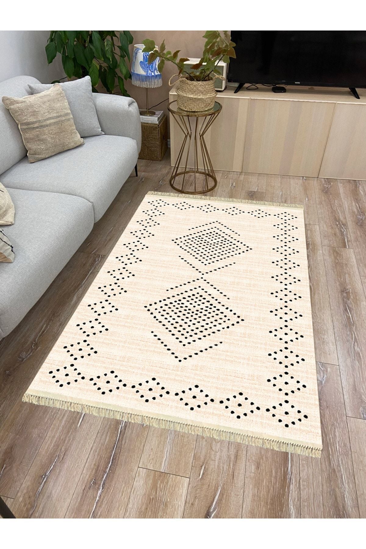 Cotton Serisi Krem Tonlarında Geometrik Eskitme Desen Dekoratif Dokuma Taban Kilim