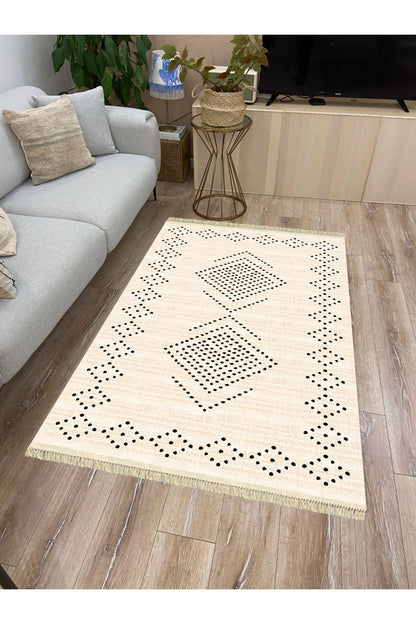 Cotton Serisi Krem Tonlarında Geometrik Eskitme Desen Dekoratif Dokuma Taban Kilim