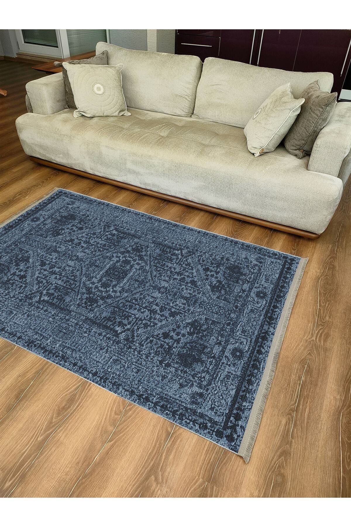 Halı Vagonu Serisi Lacivert Eskitme Antika Desen Kaymaz Taban Şönil Halı