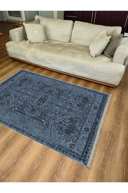 Halı Vagonu Serisi Lacivert Eskitme Antika Desen Kaymaz Taban Şönil Halı