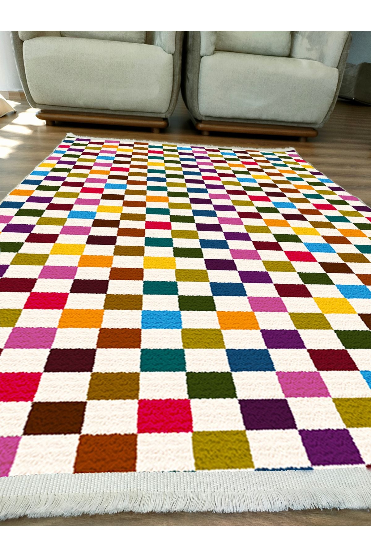 Halı Vagonu Modern Kareli Desenli Renkli Pamuk  Dokuma Taban Halı E47