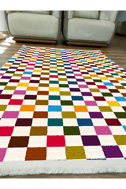 Halı Vagonu Modern Kareli Desenli Renkli Pamuk  Dokuma Taban Halı E47