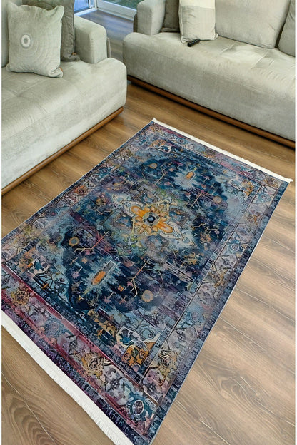 Halı Vagonu 65 Modern Stil Lacivert Tonda Salon Halısı Peluş Halı Saçaklı Yıkanabilen Halı