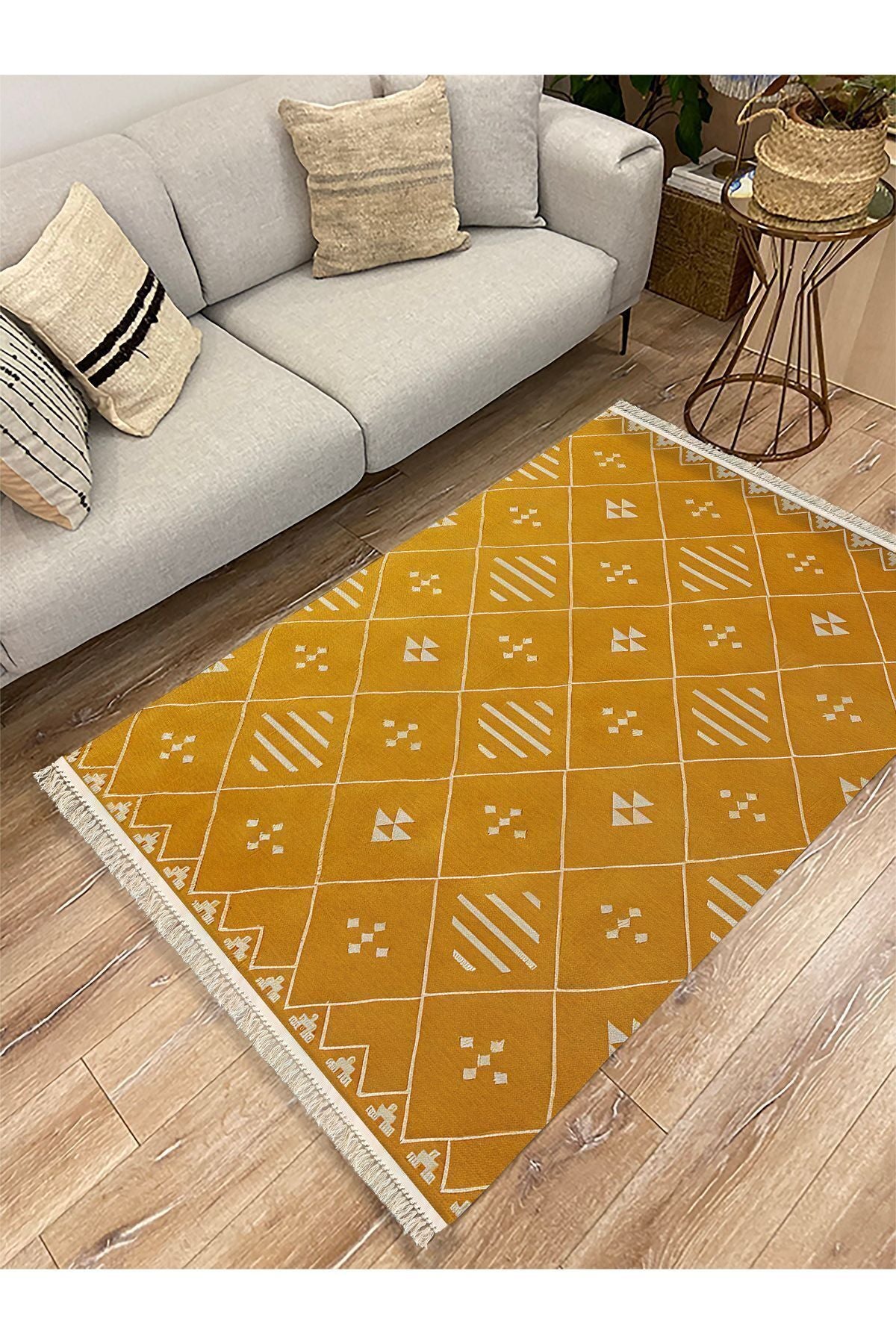 Cotton Kilim 69 Multu Iskandinav Motifler Modern Dekoratif Saçaklı Yıkanabilen Dokuma Kilim