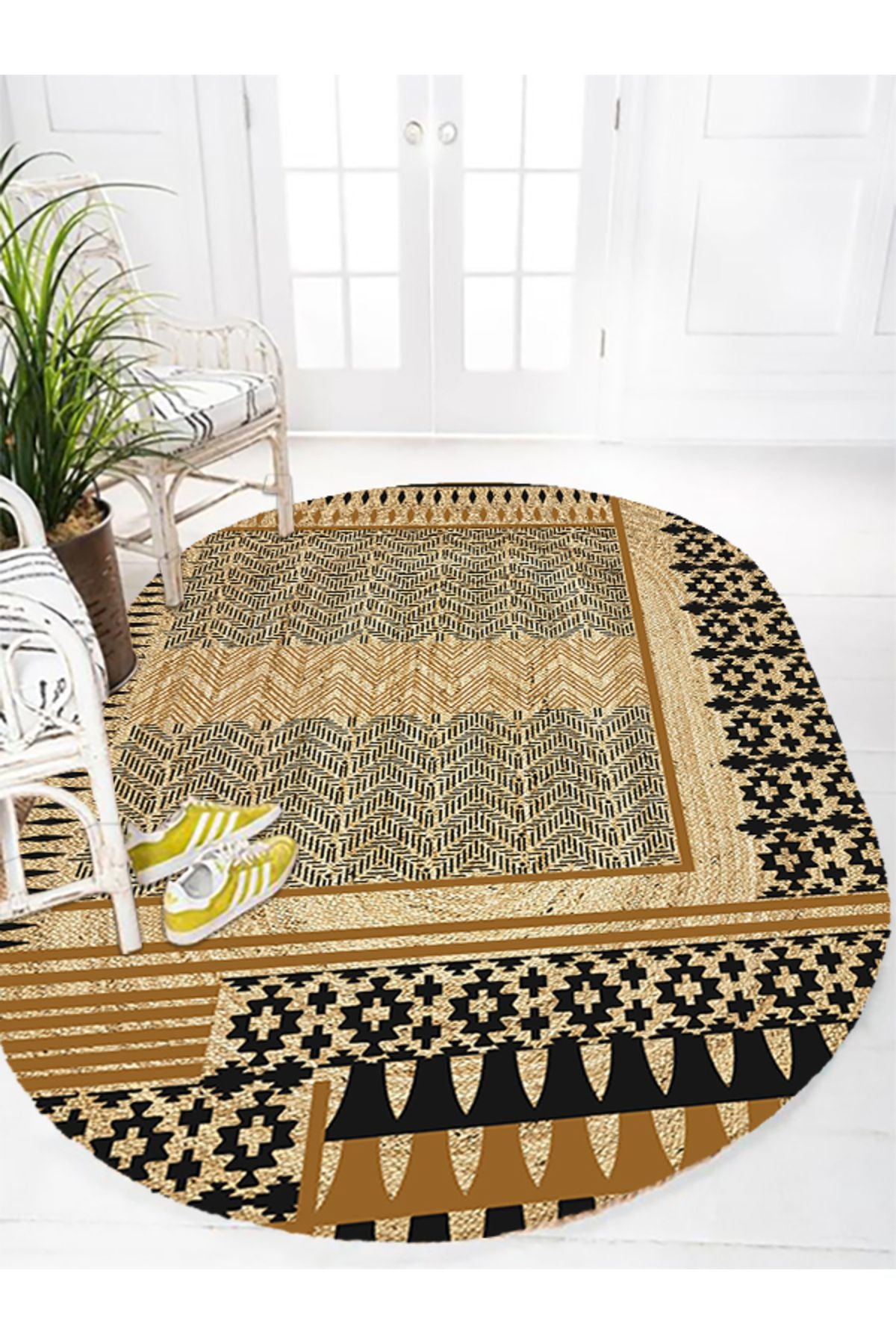 Boho 992 Oval Siyah Yel Motifli Etnik Desenli Jüt Rengi Örgü Yuvarlak Natural Çift Taraflı Halı