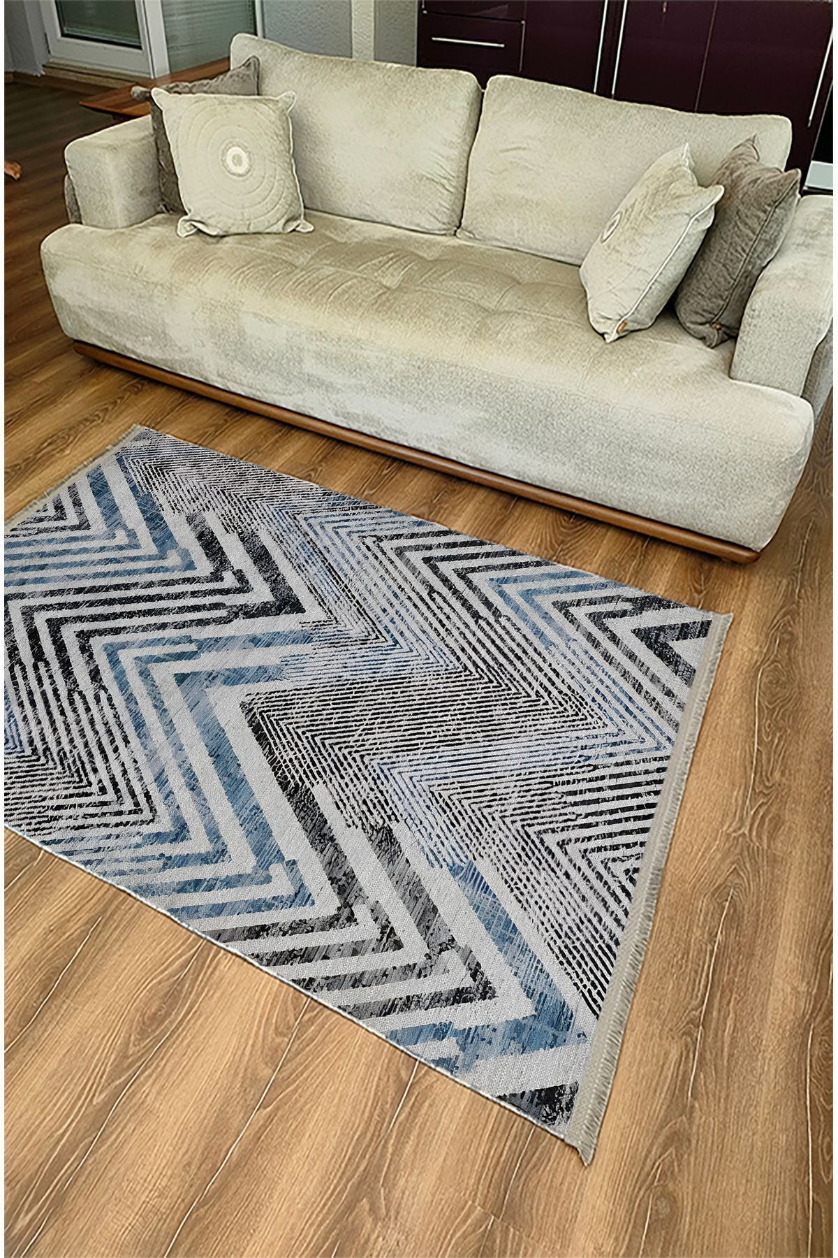 Halı Vagonu 101 Mavi Zigzag Çizgili Dekoratif Halı Saçaklı Halı