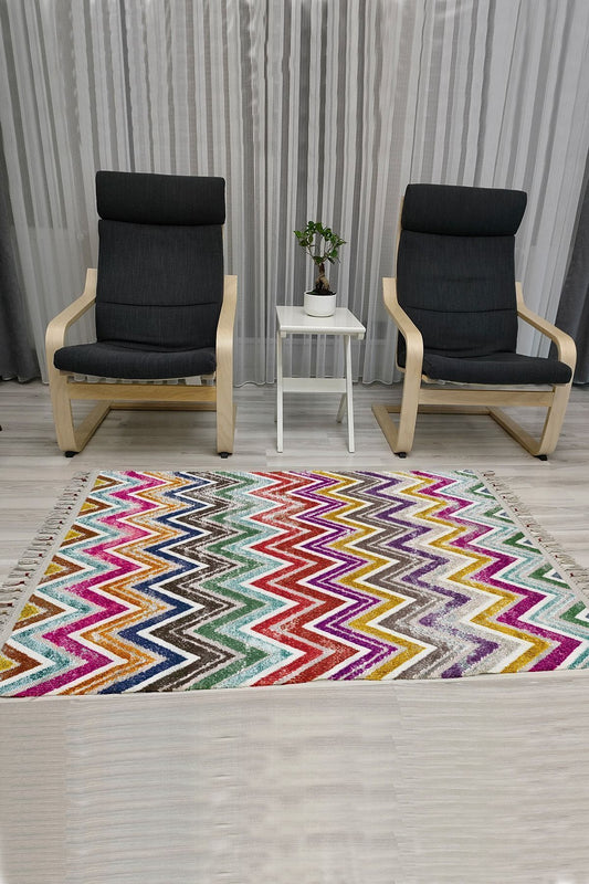 Cotton Serisi Multy Tonlarında Zikzak Eskitme Desenli Dekoratif Dokuma Taban Kilim
