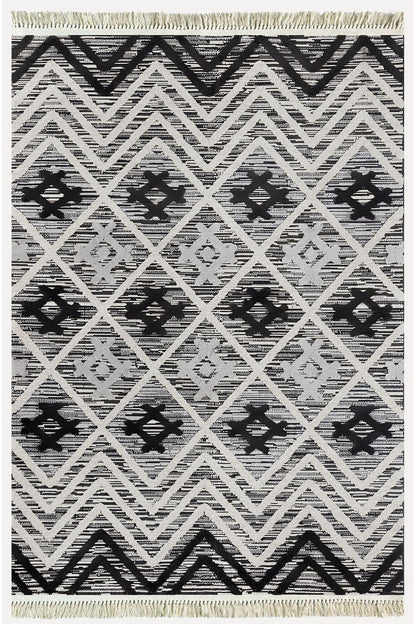 Cotton Kilim 15 Gri Zeminli Çizgili Desenli Dekoratif Yıkanabilen Dokuma Taban Kilim