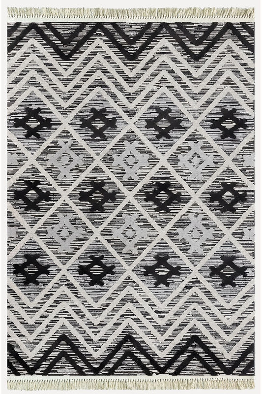 Cotton Kilim 15 Gri Zeminli Çizgili Desenli Dekoratif Yıkanabilen Dokuma Taban Kilim