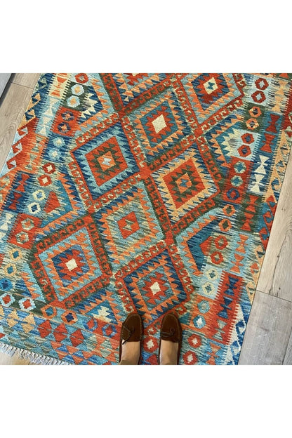 Cotton Serisi Açık Mavi Tonunda Baklavalı Geometrik Desen Dekoratif Dokuma Taban Kilim