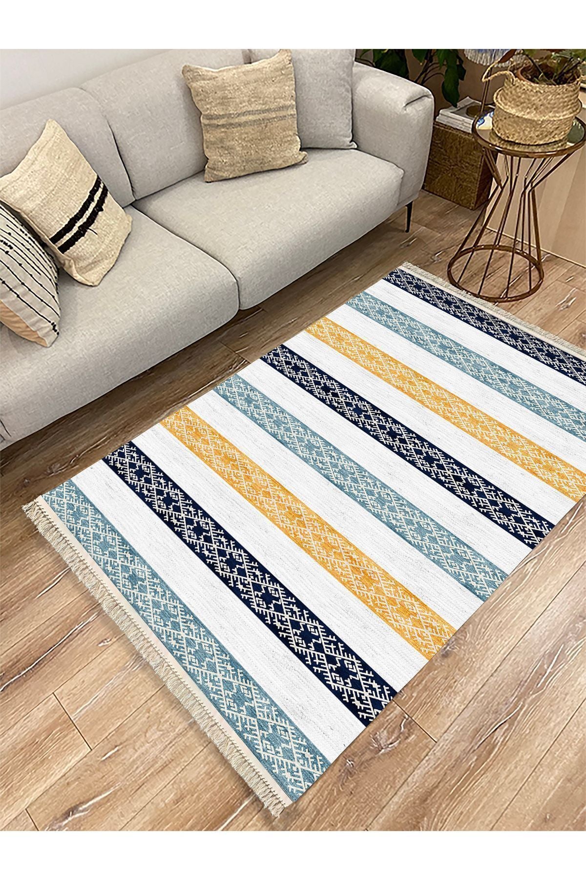 Cotton Kilim 36 Mavi Renklı Modern Desenli Dekoratif Yıkanabilen Dokuma Taban Kilim