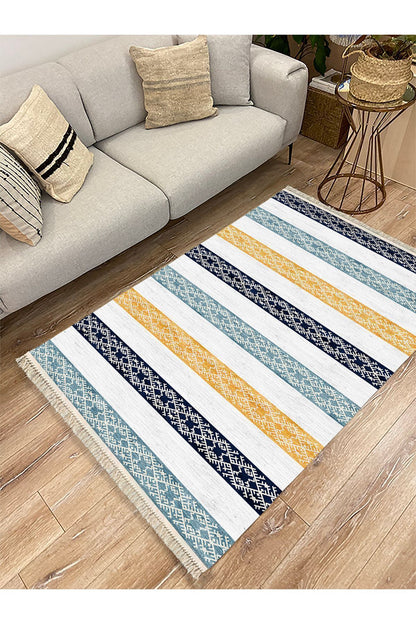 Cotton Kilim 36 Mavi Renklı Modern Desenli Dekoratif Yıkanabilen Dokuma Taban Kilim